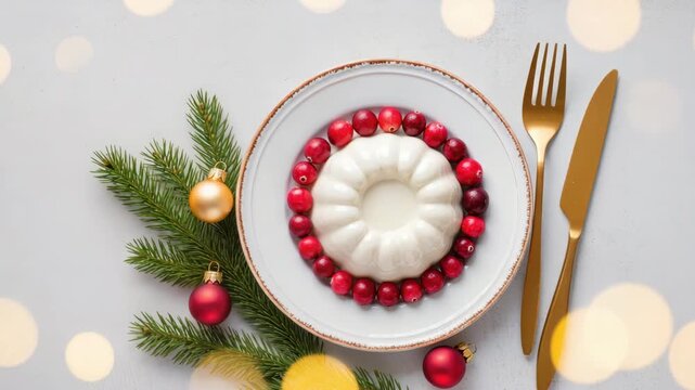 White panna cotta ring served with red cranberries on a festive plate. Surrounded by evergreen branches, Christmas balls and gold cutlery. Elegant holiday dessert presentation.