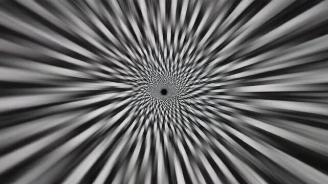 Endless flight through a rapidly spinning black and white light beam vortex tunnel creating a powerful dizzying hypnotic effect surreal, perspective, focus