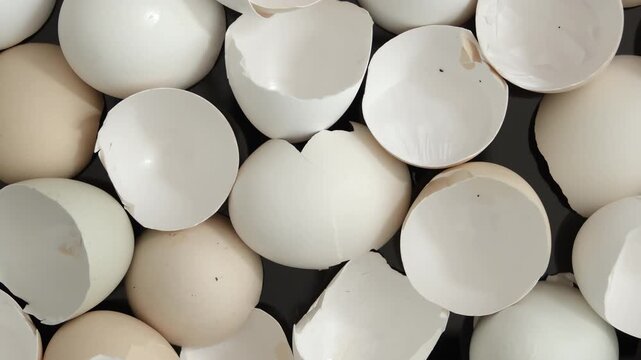 Overhead view of cracked eggshells on dark background with irregular fragments showing smooth inner surfaces in grouped layout