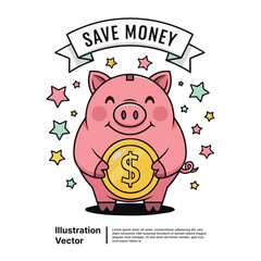 Happy cartoon piggy bank holding a coin, a cute illustration for saving and financial growth.