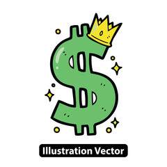 Hand-drawn dollar sign with a crown on top, symbolizing financial success and power in a vector illustration.