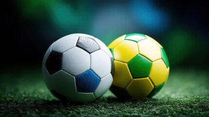 Obraz premium Two soccer balls, one classic black and white with blue accents and the other vibrant green and yellow, rest intertwined on lush green grass in a sports image.