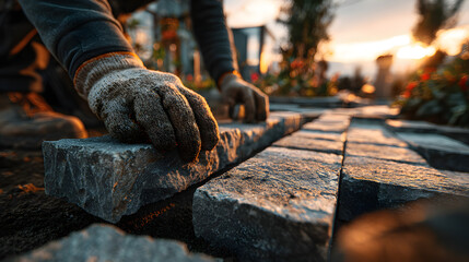 Faceless landscaper man laying interlocking paving stones creating new backyard patio defocused garden background wearing protective gloves work clothes outdoor hardscaping