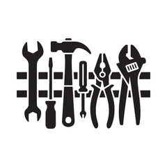 Black silhouette icons displaying a variety of common hand tools for repair
