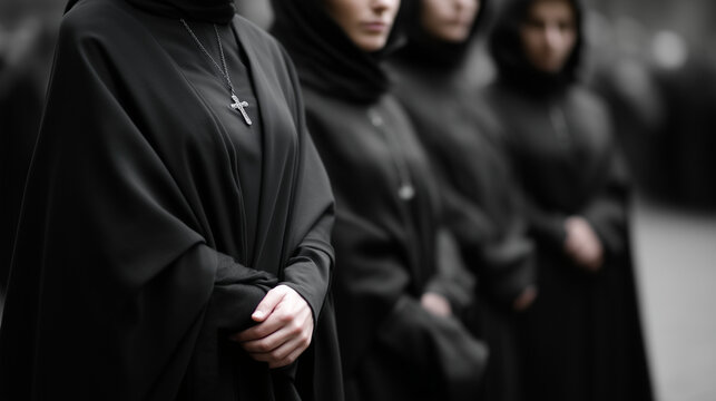 a group of Orthodox Christian women dressed in traditional processional clothing. The composition is tightly framed from shoulder