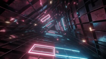 Futuristic abstract triangular tunnel with glowing neon lights creating an infinite loop. Modern digital corridor with vibrant pink and blue illumination. - Powered by Adobe