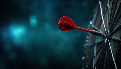 Close-up of a red dart perfectly hitting the bullseye on a dartboard against a blurred, dark teal background.