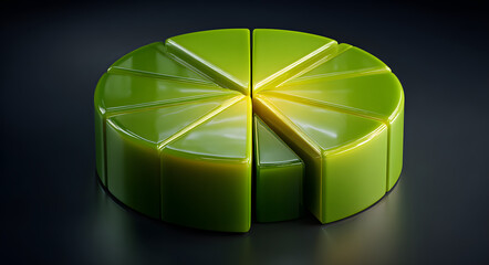 Three dimensional glossy green pie chart icon on dark background business financial presentation infographic element statistics report data analysis growth profit visualization symbol