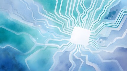 Futuristic motherboard landscape watercolor art embodies serene AI innovation and digital connection design