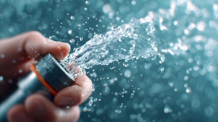Close up of a hand gripping a garden hose nozzle with a forceful jet of clear water erupting outwards creating a refreshing dynamic splash pattern