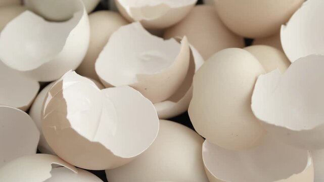 Broken eggshells scattered in perspective angle with overlapping fragments showing glossy interiors and matte exteriors in beige and white tones