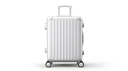 Fototapeta premium A modern silver aluminum suitcase with a ribbed texture featuring a retractable handle and four wheels presented in a studio shot against a clean white background perfect for travel and business