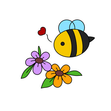 A cartoon bee is surrounded by flowers and a heart