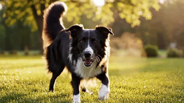 Energetic Border Collie sitting perfectly still, quivering with excitement and wagging its tail rapidly in anticipation of a reward outdoor setting, controlled, dog