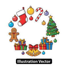 Festive Christmas Decorations Circle with Presents, Stocking, Candy Cane, Bells, and Tree Illustration
