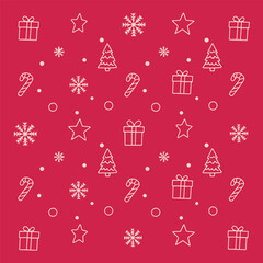 Festive Red Background with White Christmas Icons Presents, Candy Canes, Trees, and Snowflakes