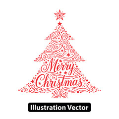 Elegant red Christmas tree illustration adorned with festive swirls, stars, and 'Merry Christmas' lettering, ideal for holiday designs and greetings