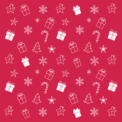 Vibrant red seamless pattern featuring festive Christmas holiday elements like gift boxes, stars, snowflakes, candy canes, and trees