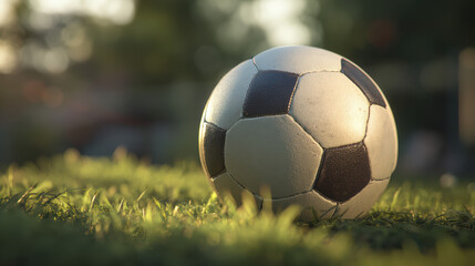 Fototapeta premium A classic black and white soccer ball rests peacefully on lush green grass, illuminated by the warm glow of the late afternoon sun in a tranquil outdoor setting.