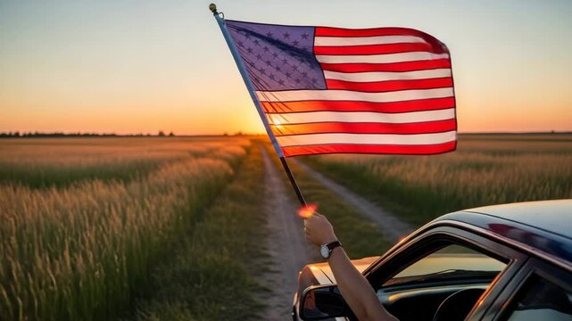Male adult hand waves an american flag from a car. The flag proudly flutters against a vibrant sunset sky. Representing freedom, journey, and national pride