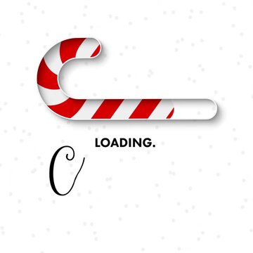 Candy cane loading bar making progress write-on Christmas curly text on white snowfall background illustration animation in modern minimal style - 4K square video 12 second seamless loop