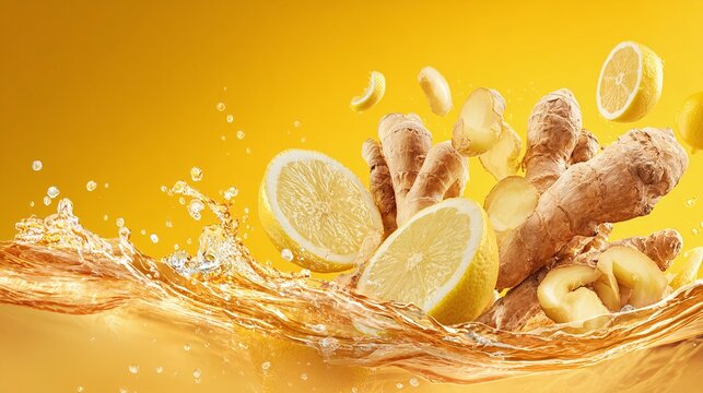 A zesty mix of lemons and ginger spices up a refreshing beverage, creating a dynamic splash against a bright background. A revitalizing and invigorating experience.