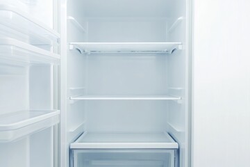 Ultra realistic stock image of a clean nearly empty refrigerator with bright white interior and shelves, showcasing modern design and functionality