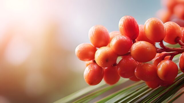 A detailed view of a vibrant cluster of fresh plump scarlet berries covered in water droplets growing on a plant stem with a warm sunlit bokeh background