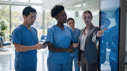 A medical team hospital nurse doctor surgeon discussion digital screen touchscreen data analysis meeting teamwork training briefing workflow healthcare clinic corridor uniform scrubs stethoscope - Powered by Adobe