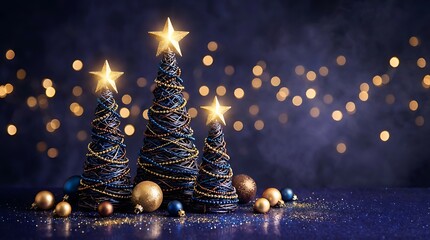 Three stylized christmas trees made of intertwined beads and wires with golden stars on top surrounded by glowing bokeh lights and festive ornaments against dark blue background