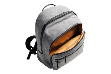 Backpack with Partially Open Zipper on White Background for Stock Use