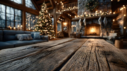 A cozy living room with a wooden table in the foreground. A decorated Christmas tree and a fireplace with stockings are visible in the background, creating a warm holiday atmosphere.