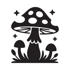 A whimsical depiction of black mushrooms with stars and grassy details
