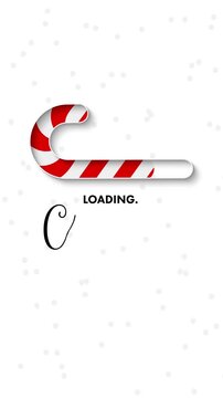 Candy cane loading bar making progress write-on Christmas curly text on white snowfall background illustration animation in modern minimal style - 4K vertical video 12 second seamless loop
