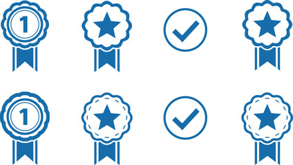 Set of blue award ribbon icons, first place badge, star medal, check mark symbol, vector illustration collection isolated on white background for certification quality design