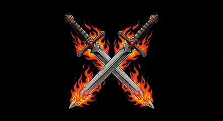 Two medieval crossed swords engulfed in flames against a stark black background