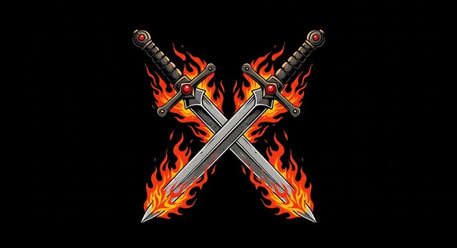 Two medieval crossed swords engulfed in flames against a stark black background