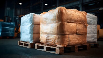 Shrink Wrapped Pallets in a Dark Industrial Warehouse