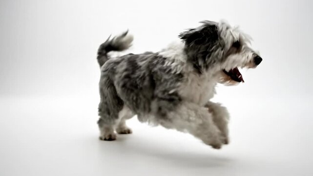 Energetic bobtail old english sheepdog running and playfully bounding across a seamless bright white studio backdrop joyful, trotting, commercial