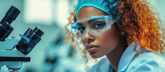 African American Female Scientist Working with Microscope in Laboratory Wearing Safety Goggles
