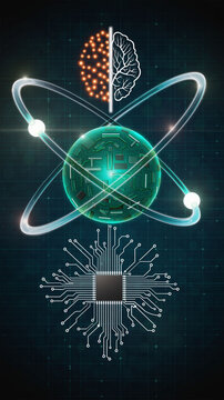Verbindung von Gehirn, Atomorbit und Mikrochip
