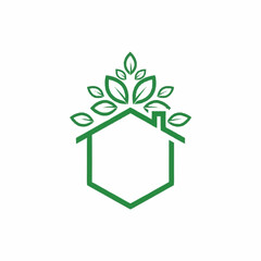 Green House with Leaves Logo Design for Eco-Friendly Living.