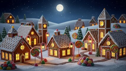 Enchanting Gingerbread Village at Night with Snowy Rooftops