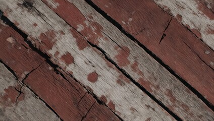 Weathered wooden planks with peeling red paint create a rustic texture.