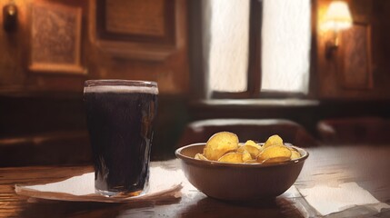 Cozy Irish pub watercolor illustration dark stout beer chips warm lighting traditional decor