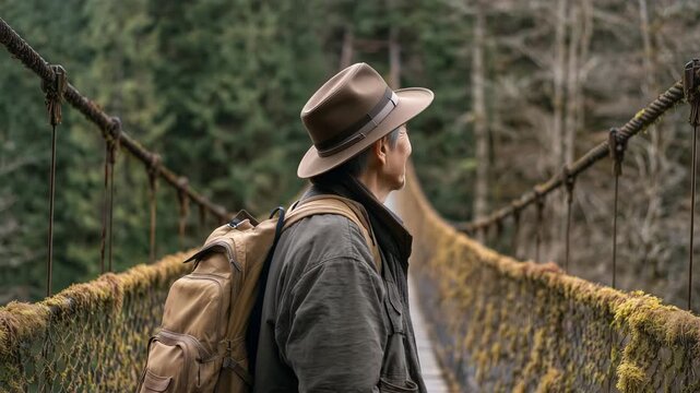 吊橋を歩く日本人男性の、穏やかな旅のひとこま