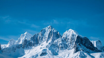 Majestic snow-capped mountain range under clear blue sky capturing alpine wilderness