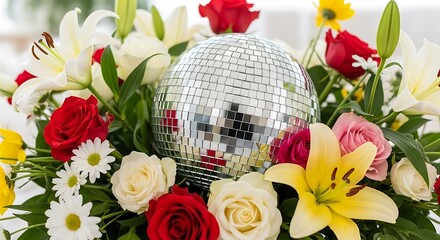 Floral Arrangement with Disco Ball - A Celebration of Light and Color.
