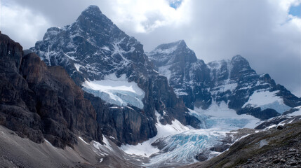 Snow capped mountain peaks rise majestically above the turquoise glacial ice in a rugged alpine landscape on a partly cloudy, scenic day in the wilderness.
