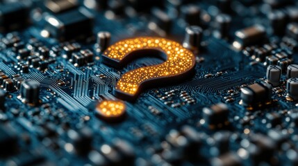 Digital Mystery: Glowing Question Mark on Electronic Circuit Board